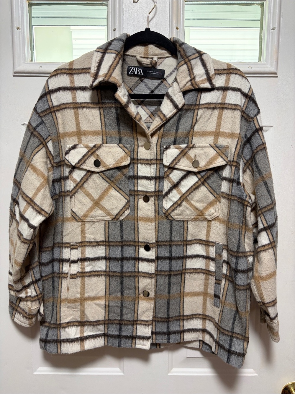 ZARA Cream, Gray & Brown Plaid Shacket
